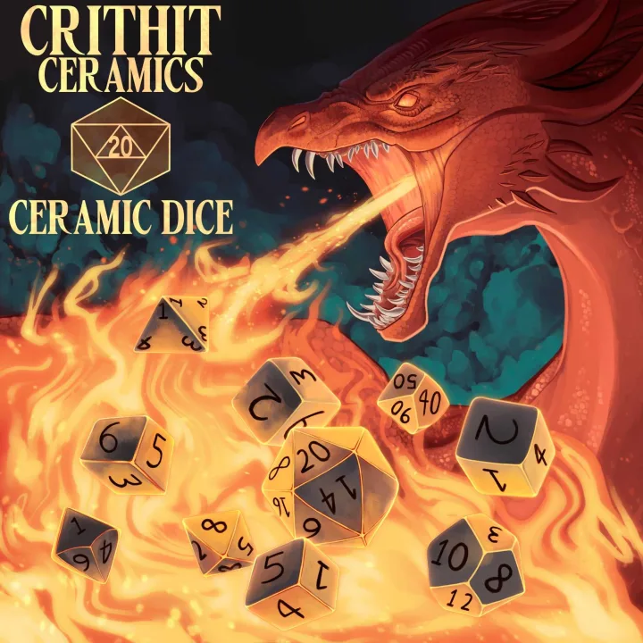 Original hand-drawn Crit Hit Ceramics artwork featuring a fire-breathing dragon and ceramic dice